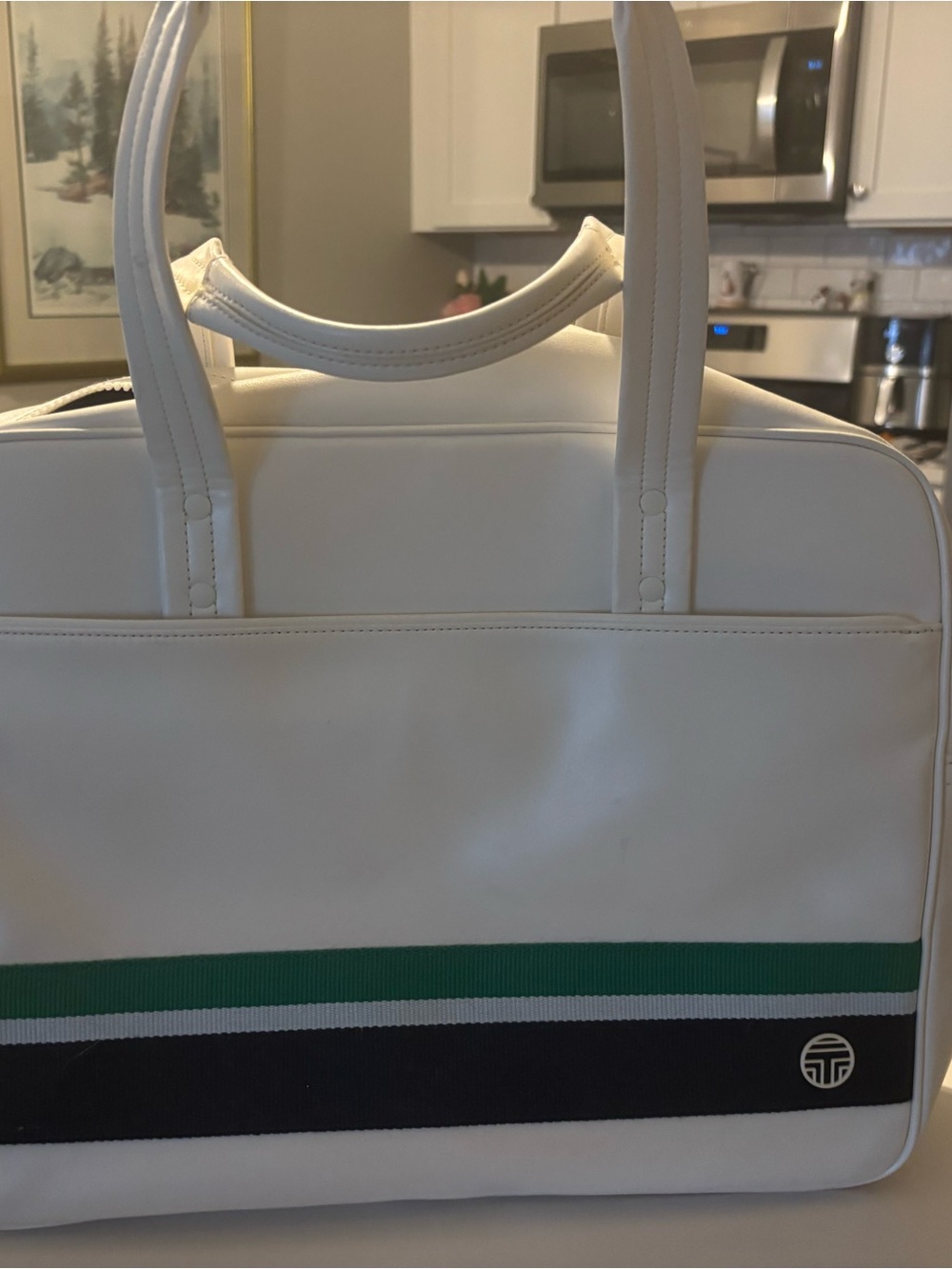 Tory Burch White Women's Gym Bag with Green & Navy Stripe
